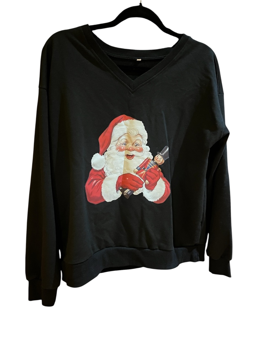 Black V‑Neck Christmas Santa Sweatshirt Large